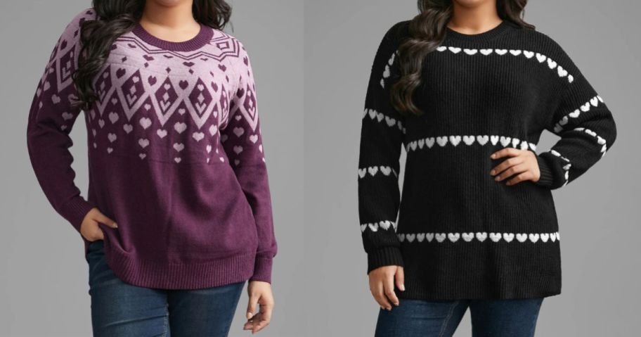 two women wearing purple and black bloomchic sweaters