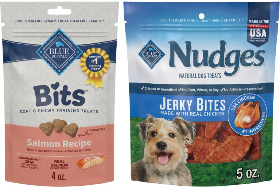 Two dog treat packages: Blue Buffalo Bits with salmon recipe, labeled "soft & chewy," 4 oz. and Nudges Jerky Bites with chicken, featuring a dog, 5 oz.