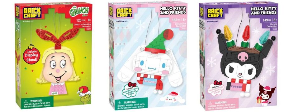 a grinch and two sanrio brickcraft sets