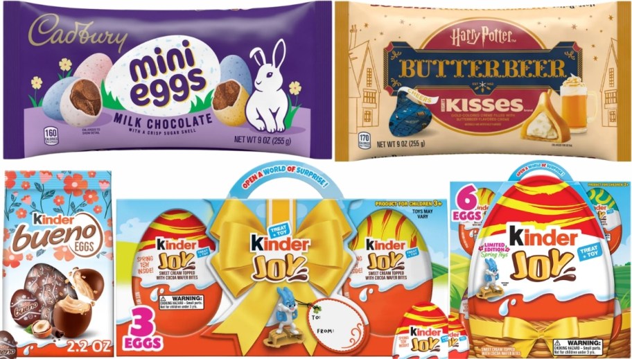 cadbury mini eggs, butter beer kisses. kinder bueno eggs