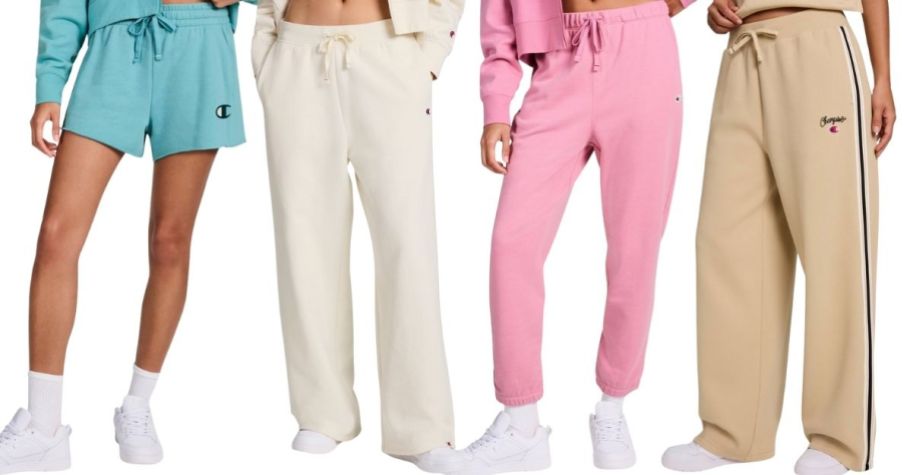 four models wearing champion pants and shorts