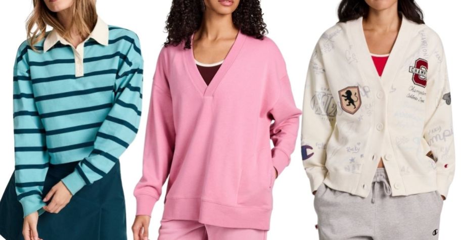 models wear a striped rugby, v neck sweat shirt, and cardigan