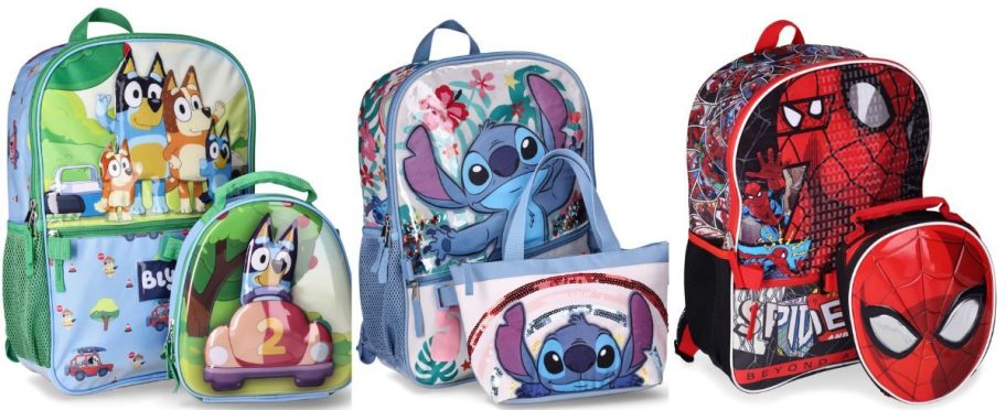 Three different character backpack and lunchbox