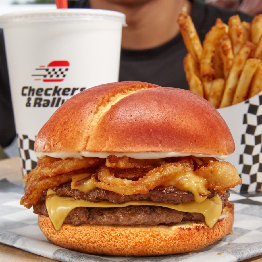 burger, fries, and a drink from Checkers and Rallys