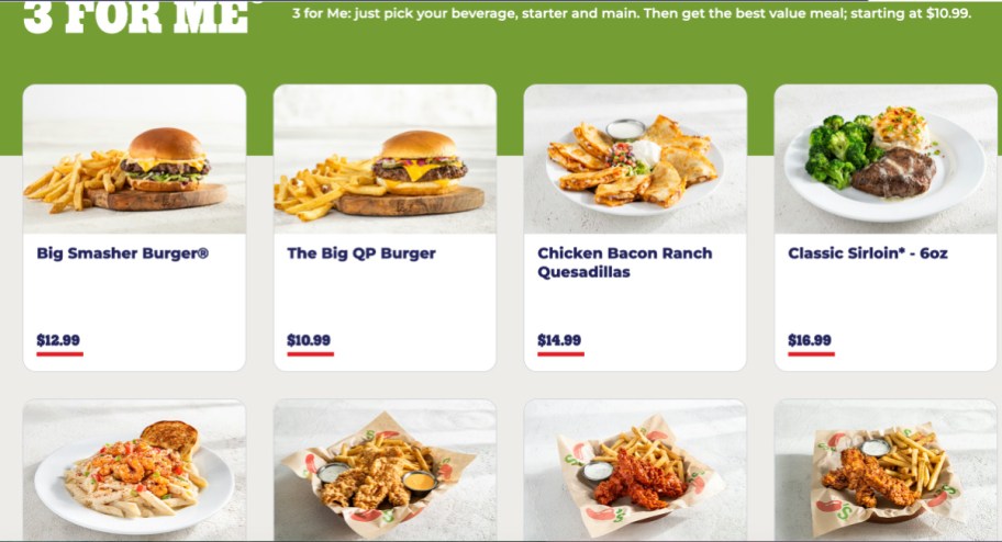 chilis menu items burger, steak, chicken, and more