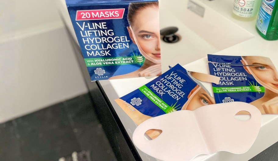 collagen chin mask, packet and box on a bathroom counter