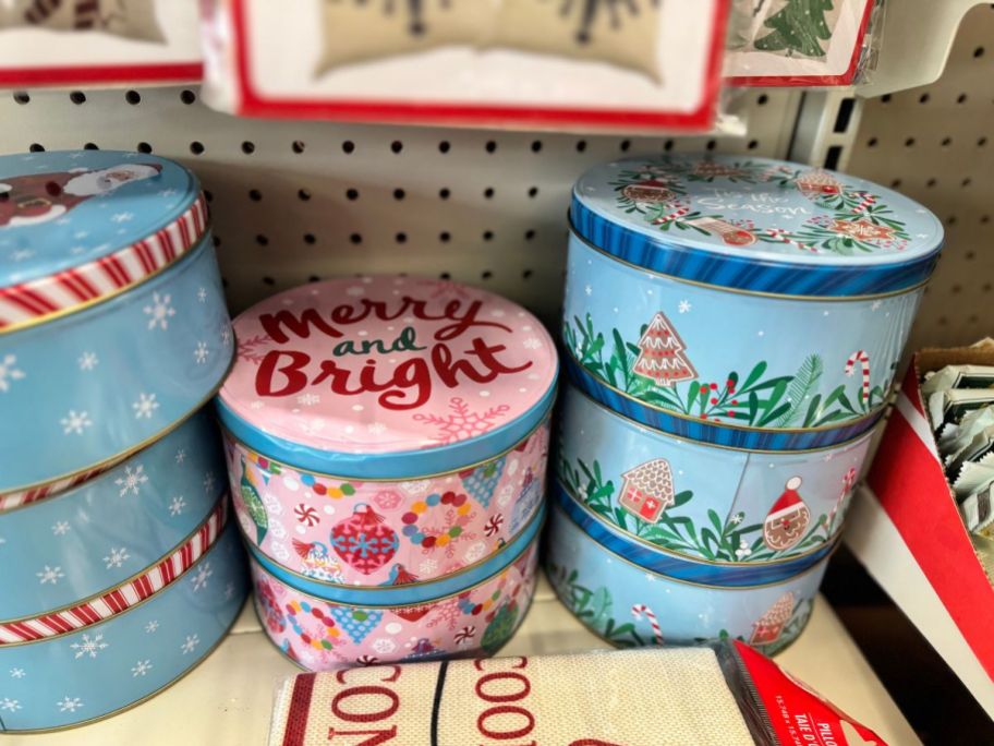 Christmas tins at Dollar Tree.