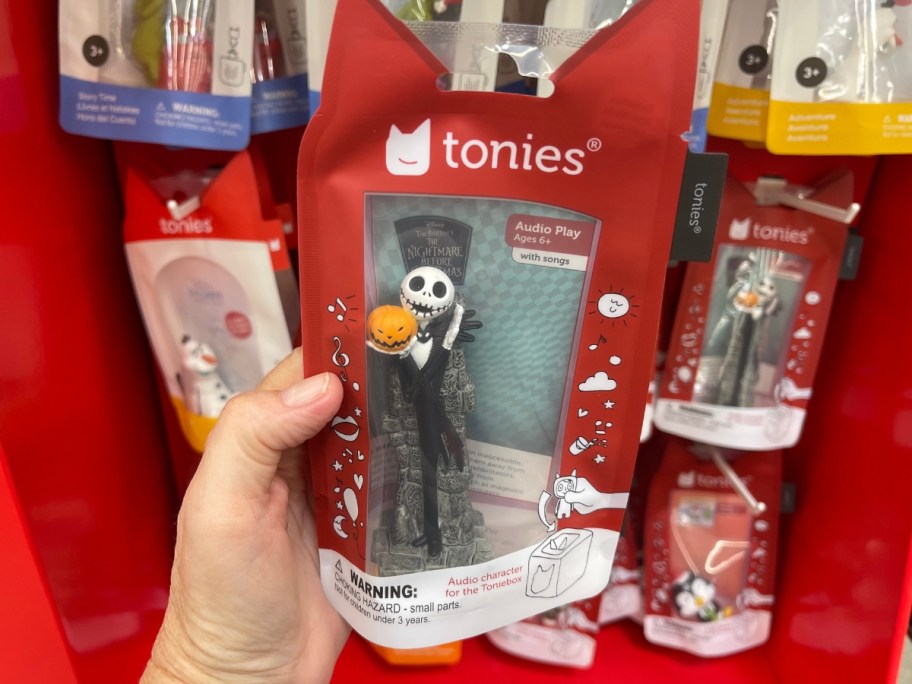 hand holding a package with a Jack Skellington Tonies figure