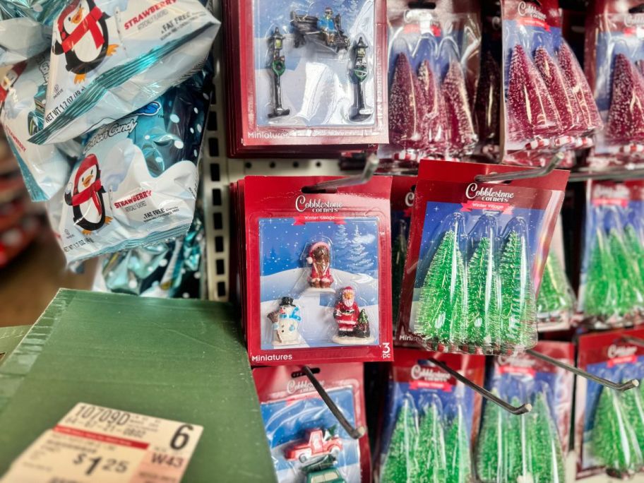 Christmas tree decor and figurines at Dollar Tree.