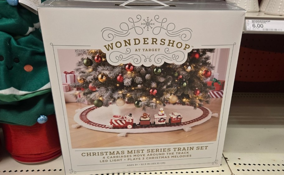 christmas train set box on a store shelf