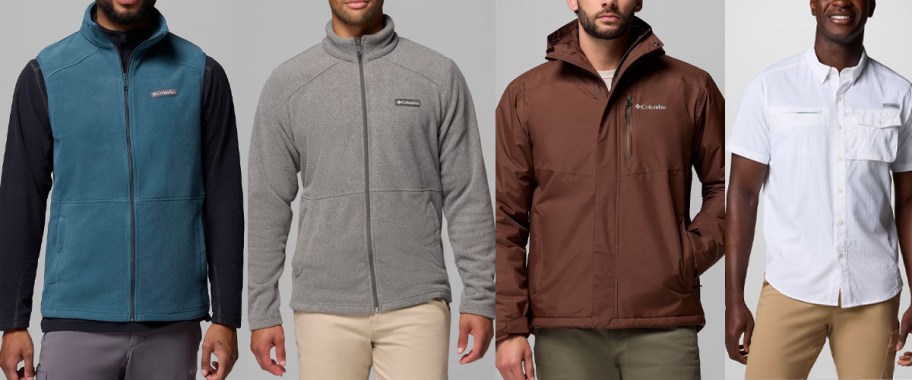 men wearing blue, gray, and brown jackets, and white tee 