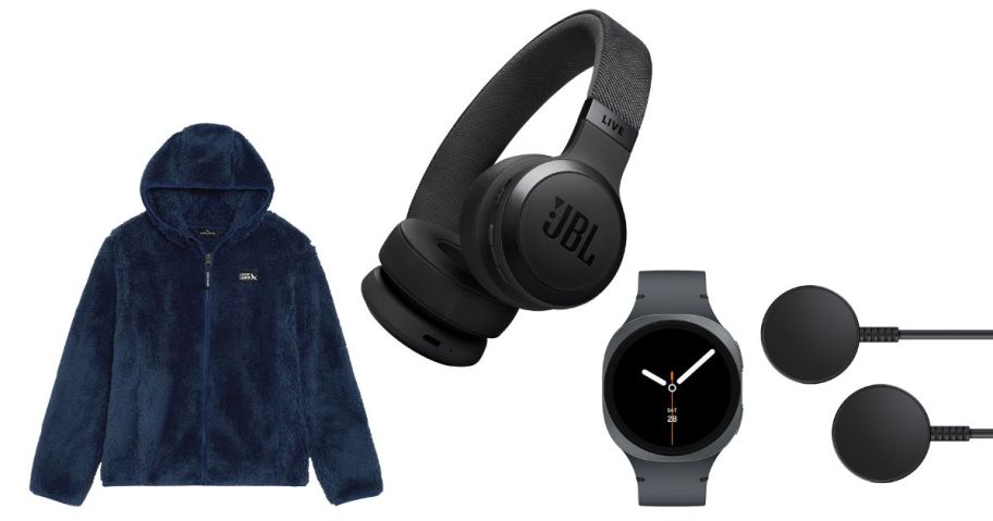 eddie bauer jacket, headphones, and smart watch