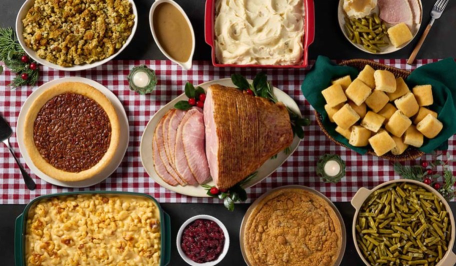 ham and sides on checkered table runner