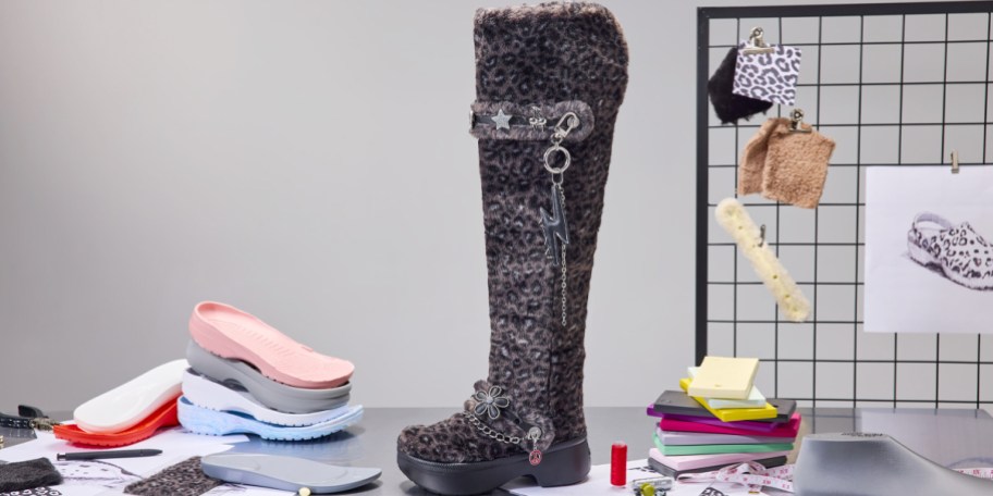 black leopard print fur croc boot