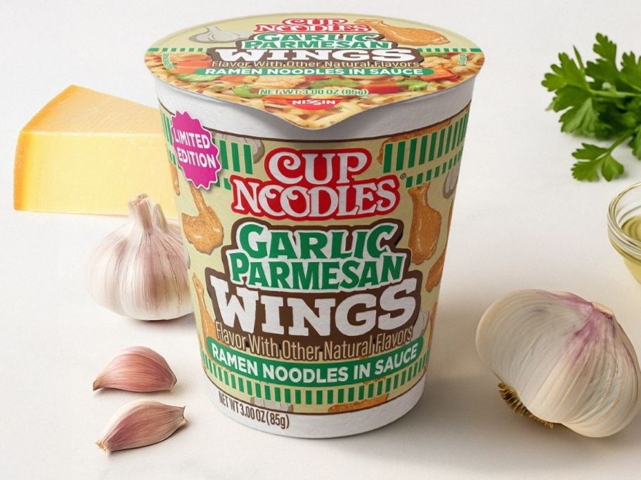 Garlic Parmesan cup noodles cup with cheese and garlic closed around it