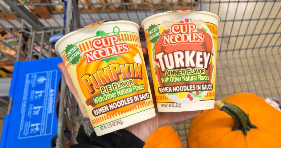 cup noodles cups in cart in store in pumpkin and turkey flavors