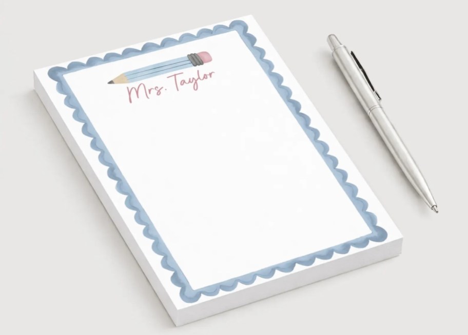personalized teacher mrs. taylor scalloped notepad with silver pen