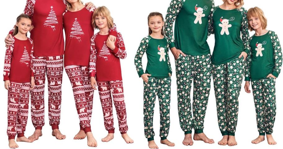 two families wearing matching holiday pajamas