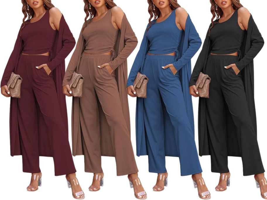 four women wearing lounge sets in red, brow, blue and blavk