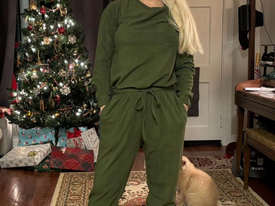 woman wearing green lounge set