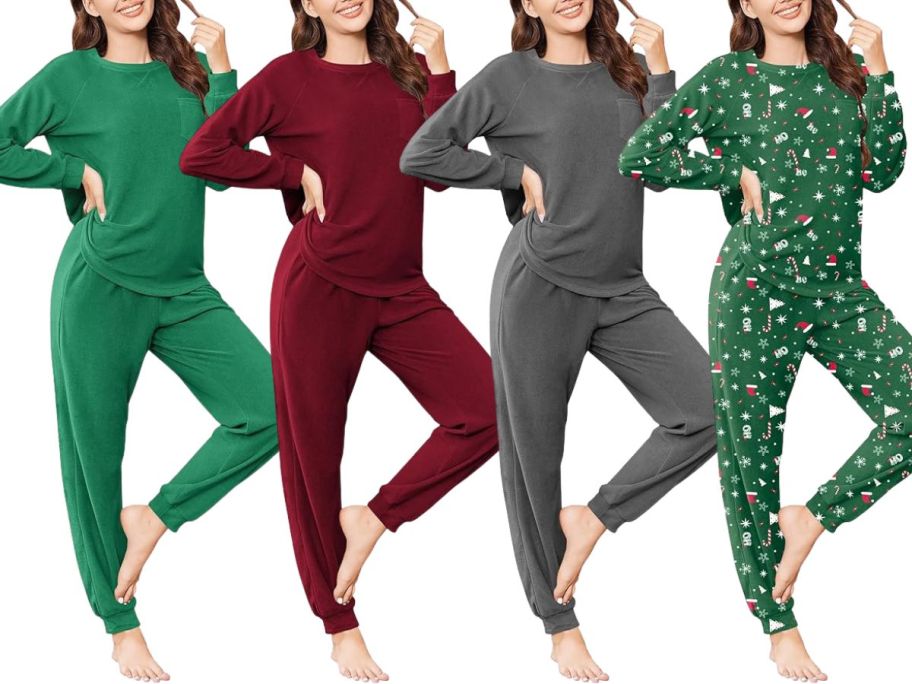 women wearing lounge sets in green, red, and grey