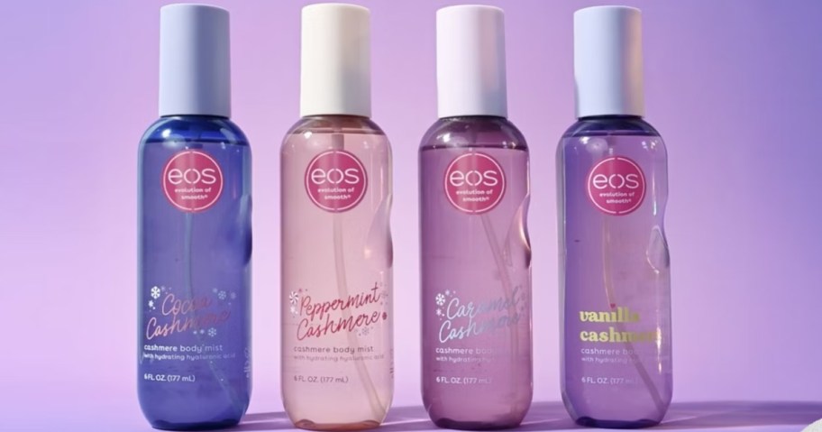 bottles of eos body mist sprays in holiday cashmere scents