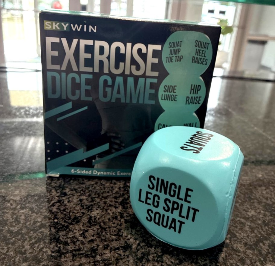 exercise dice and box on countertop