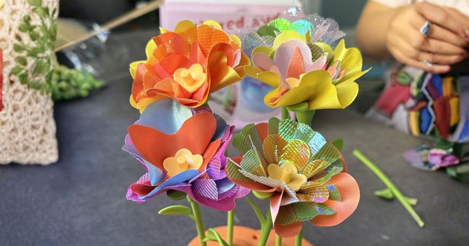 fabric flowers on stand
