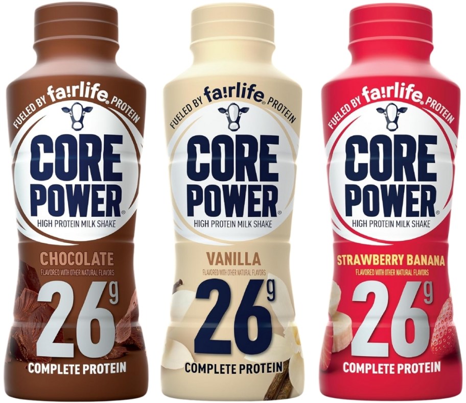 chocolate, vanilla and strawberry banana protein shakes