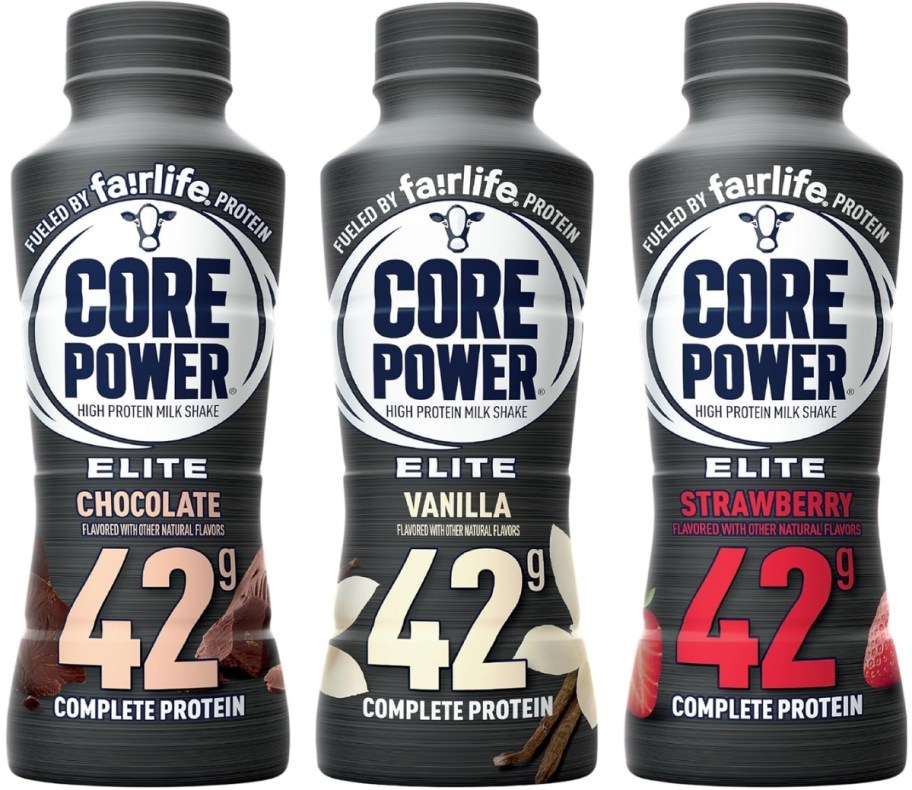 bottles of chocolate, vanilla and strawberry protein shakes