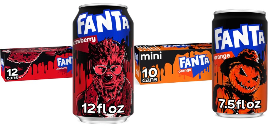 strawberry and orange fanta cans and boxes 