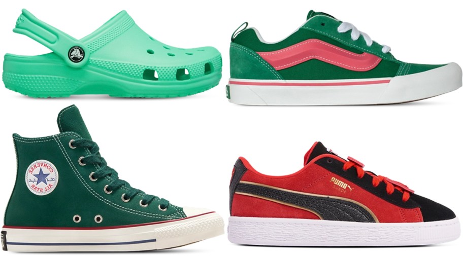 green crocs, and three pairs of green and red shoes