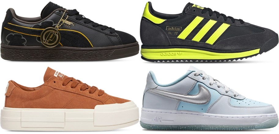 black, black and yellow, orange and blue shoes