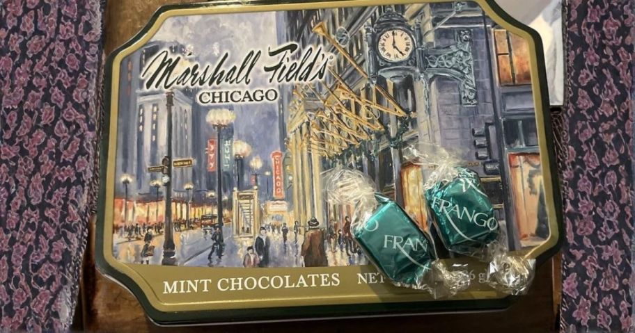 frango mints marshall fields tin on table