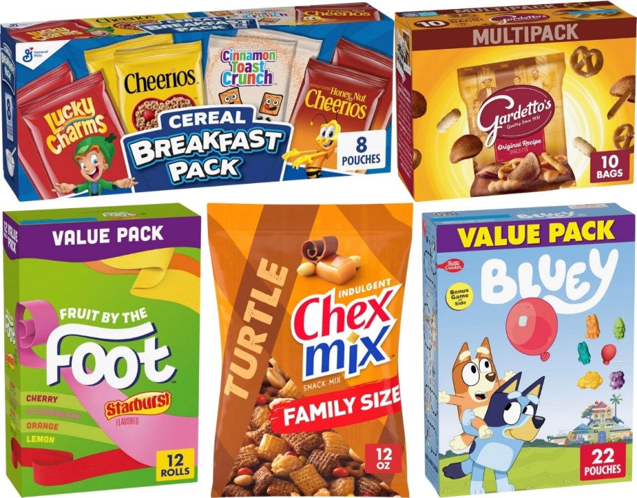 5 snack varieties including fruit by the foot, chex mix and gardettos
