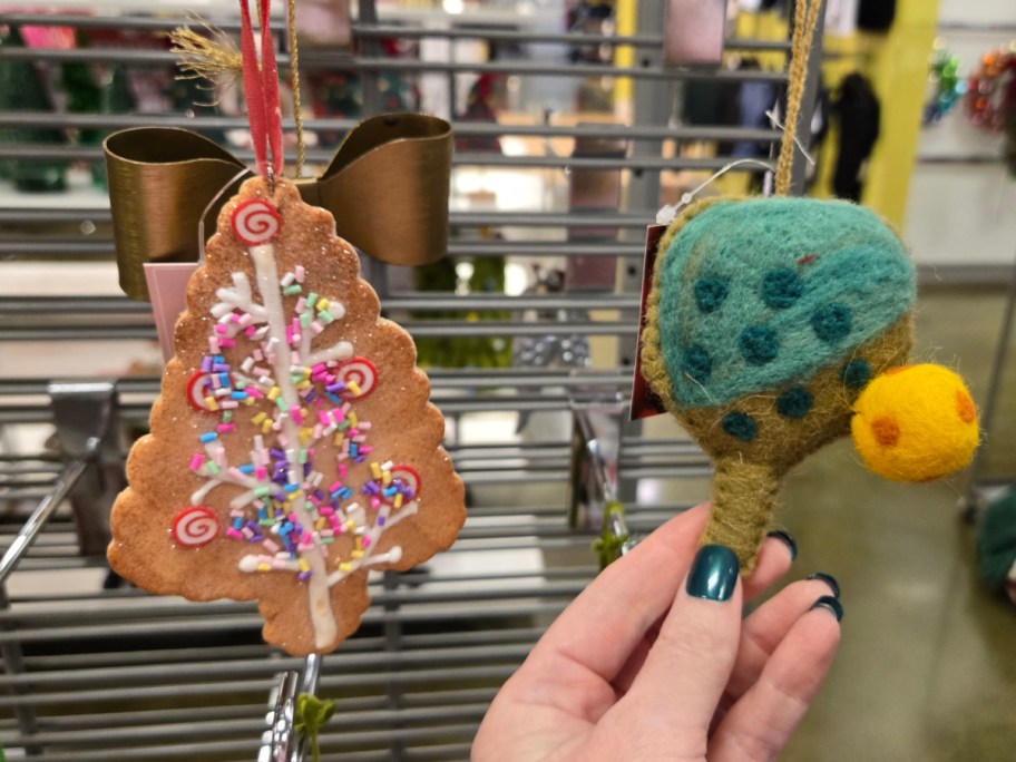 A gingerbread tree and pickle ball ornament.