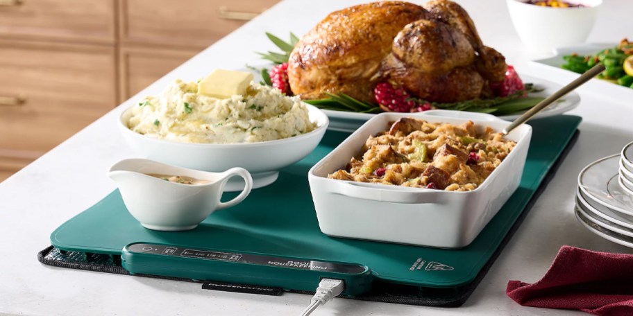 green food warming tray with chicken, mashed potatoes and more on it