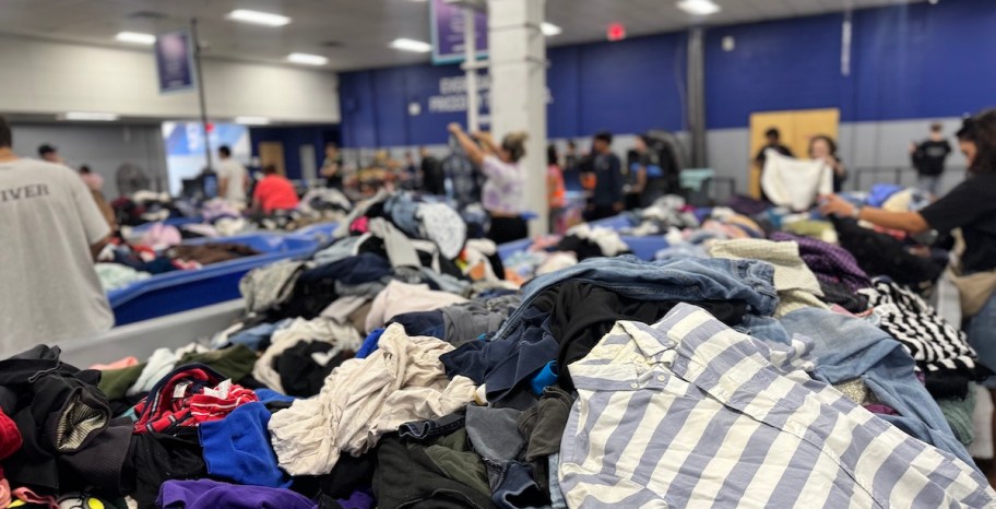 close up of goodwill bins full of clothes