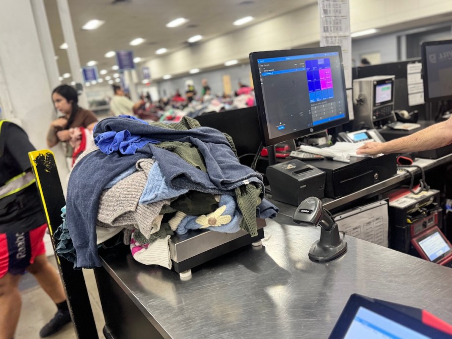 clothes on scale at goodwill bins