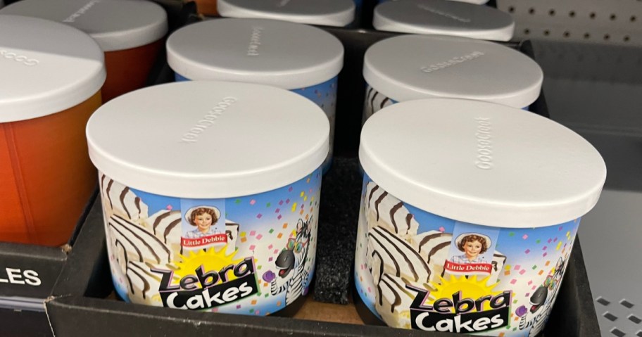 Little Debbie Zebra Cake scented candles on a store shelf