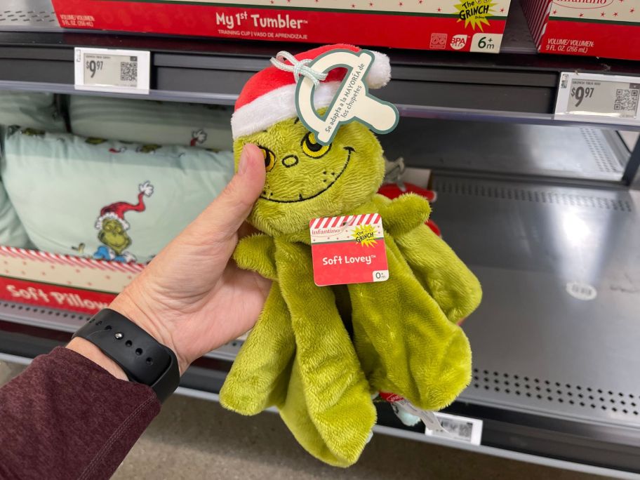 Infantino the Grinch Soft Lovey in hand in store