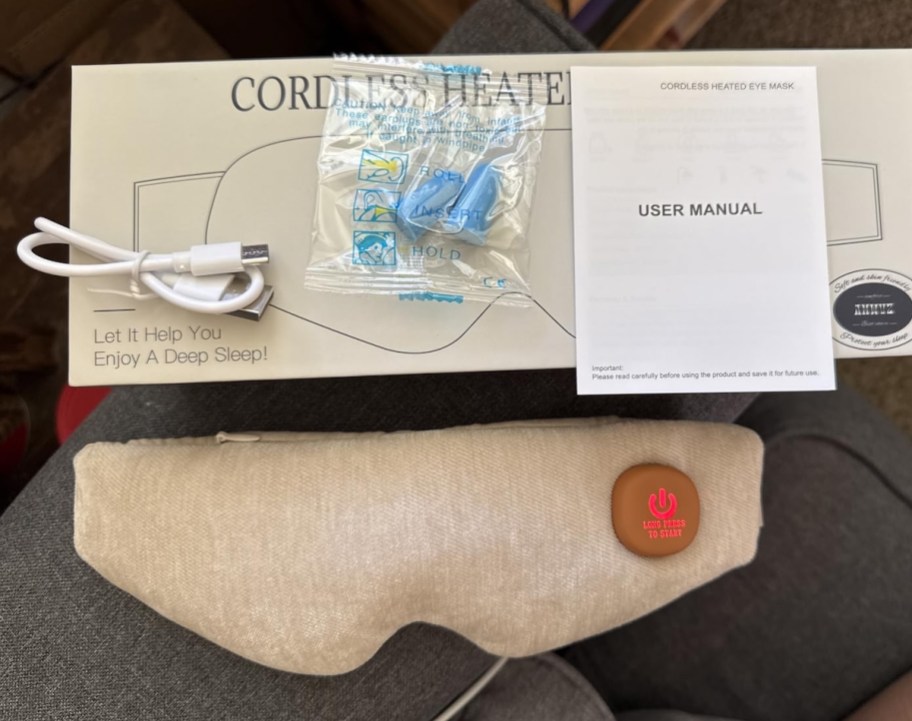 beige heated eye mask with box