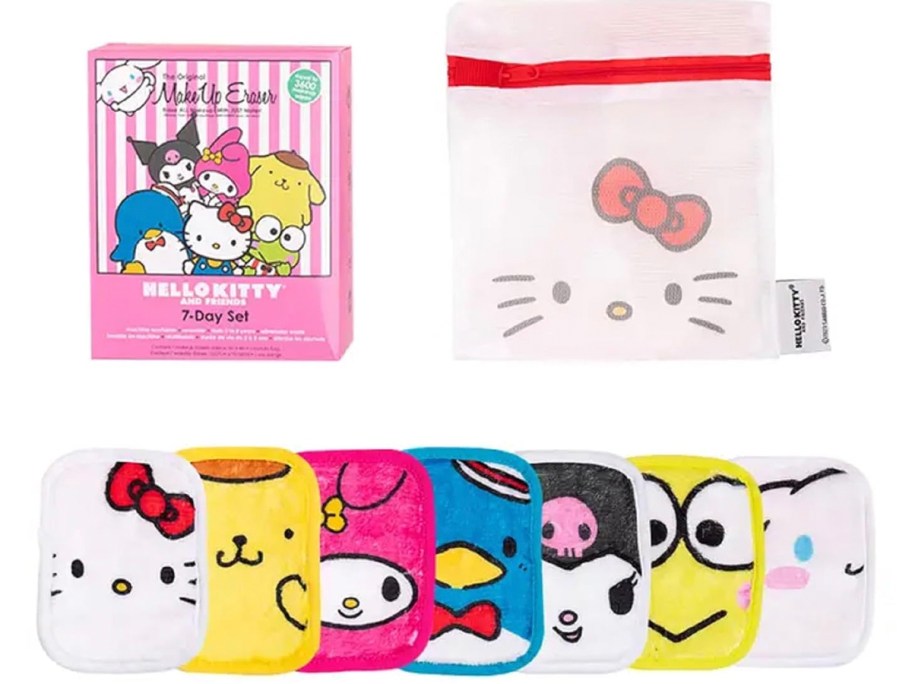 hello kitty box, bag, and 7 makeup eraser pads