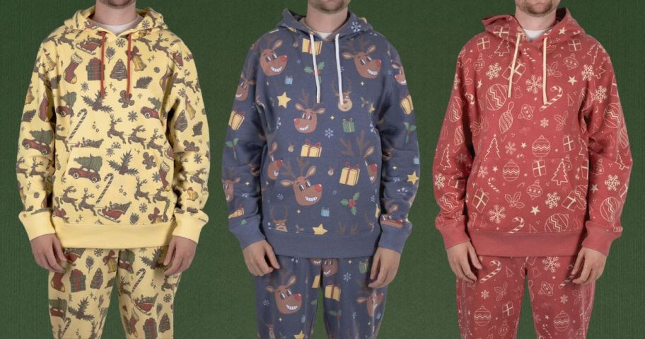 three men wearing holiday fleece jogger sets against green background