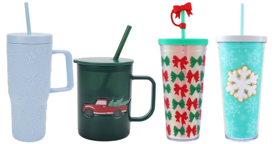 three holiday tumblers and a mug