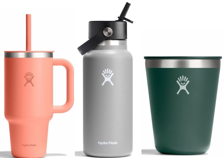 three different hydro flask tumblers
