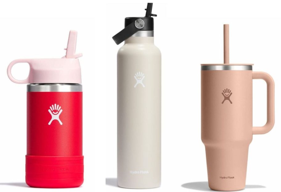 three different hydro flask tumblers and cups