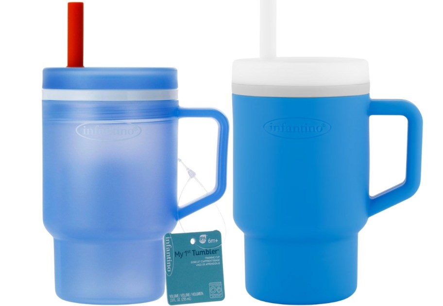 two blue infantino baby tumblers with straws