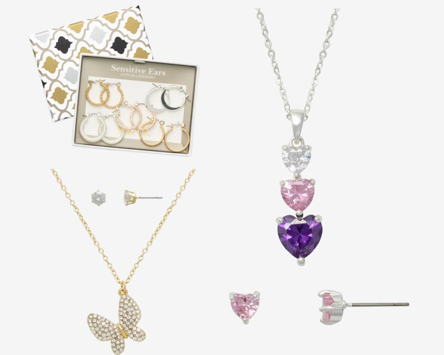 5 piece hoop earring butterfl necklace and pink tier necklace