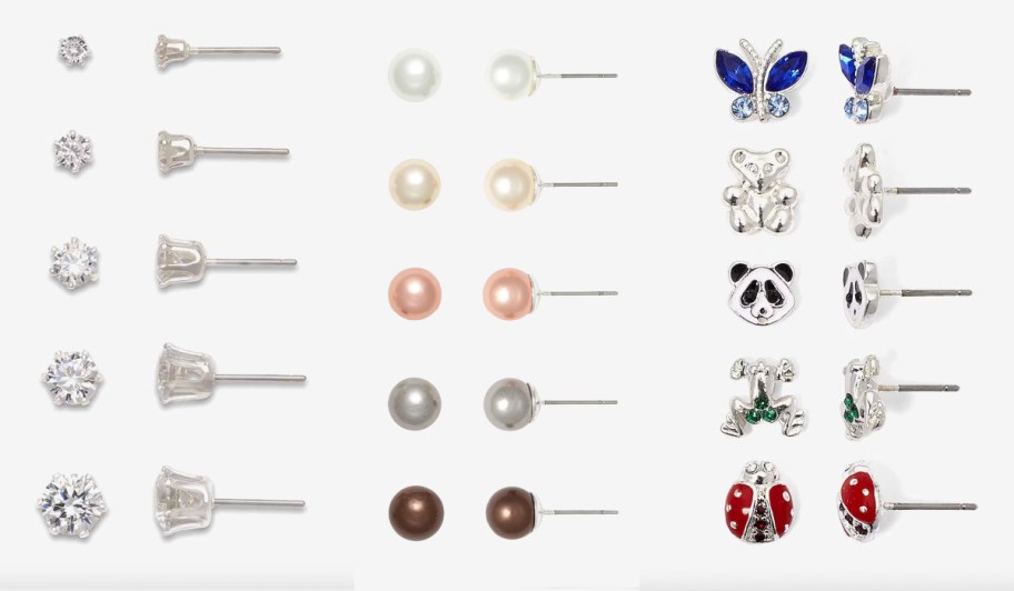 5 sets of stud earrings diamond, pearl, and animal shaped
